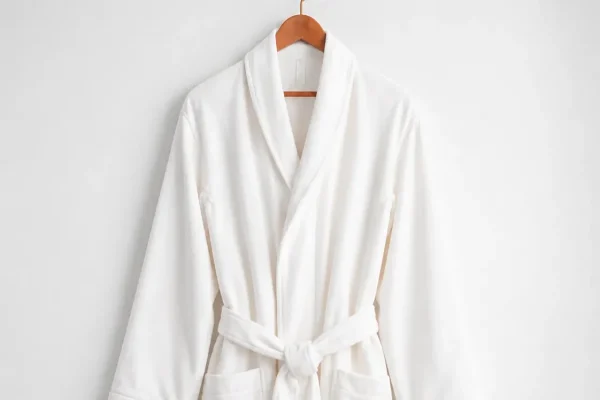 White Bathrobe on Wooden Hanger